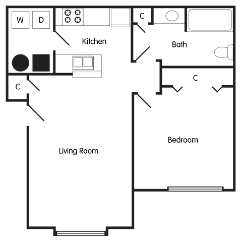 Floor plan for 1 bed, 1 bath, 575 sqft
